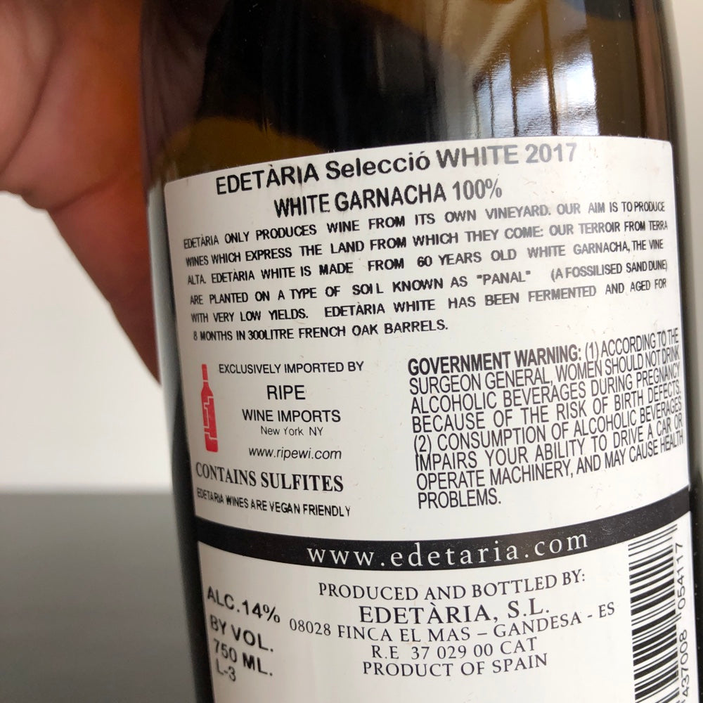 2017 Bodegas Edetaria 'Edetaria' Seleccio Vinyes Velles Blanco Terra Alta, Spain