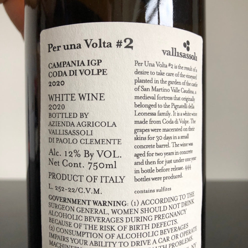 2020 Vallisassoli 'Per Una Volta #02' Code di Volpe, Campania IGP Bianco