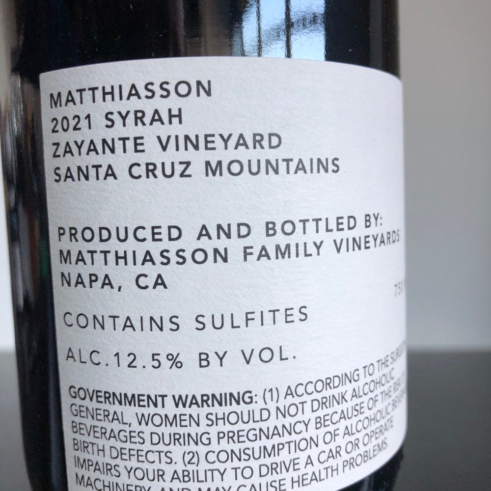2021 Matthiasson Syrah, Zayante Vineyard, Sata Cruz Mountains