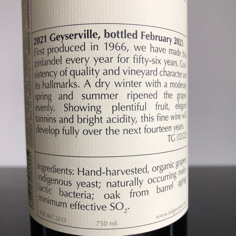 2021 Ridge Vineyards Geyserville, Alexander Valley, USA
