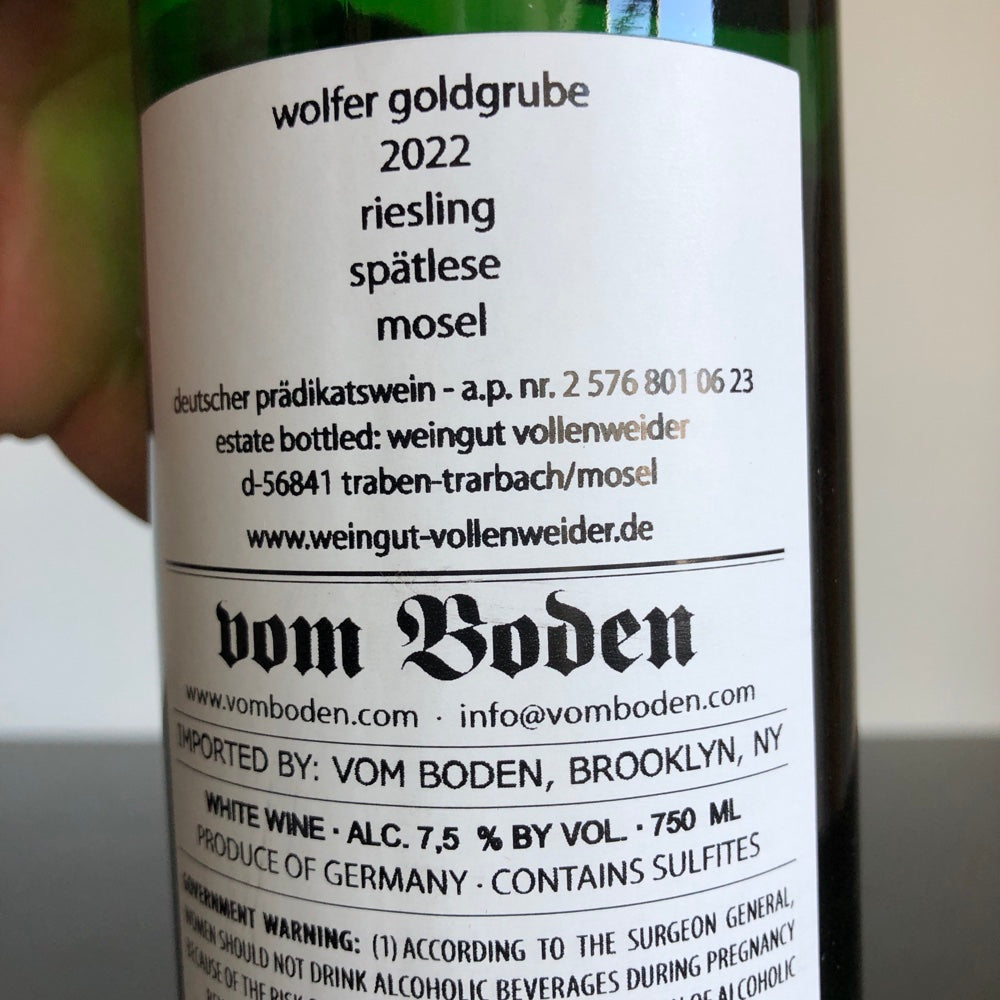 2022 Daniel Vollenweider Riesling Wolfer Goldgrube Spatlese Feinherb AP 6, Mosel, Germany