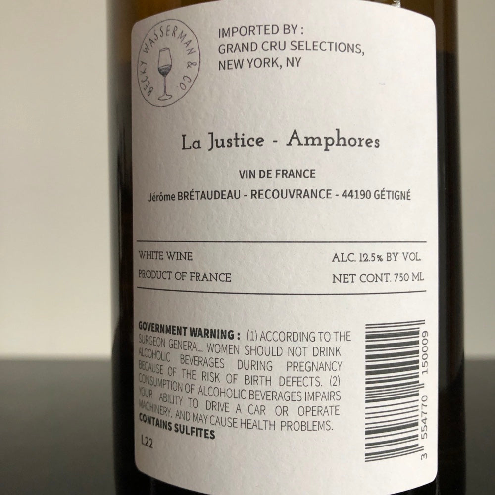 2022 Jerome Bretaudeau La Justice Amphore Vdf Blanc, Loire, France
