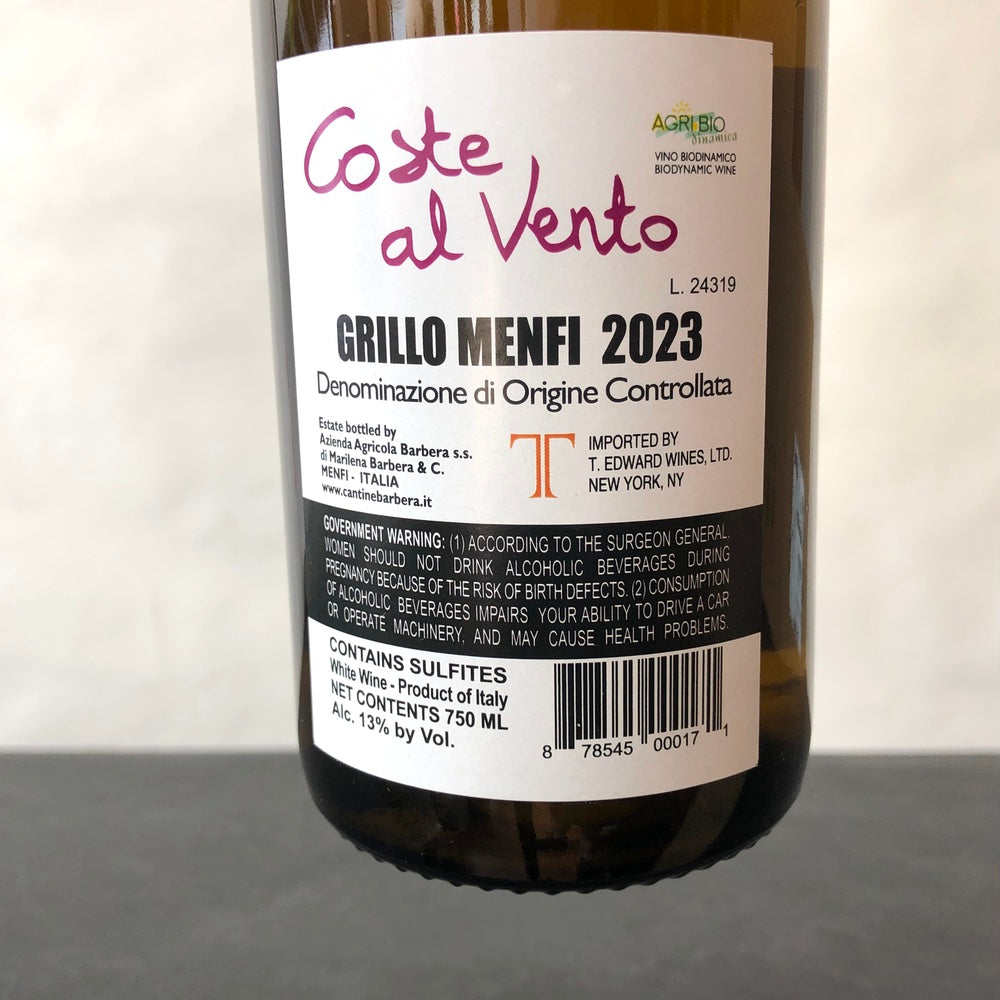 2023 Cantine Barbera, Coste al Vento Grillo Menf,i Sicily, Italy