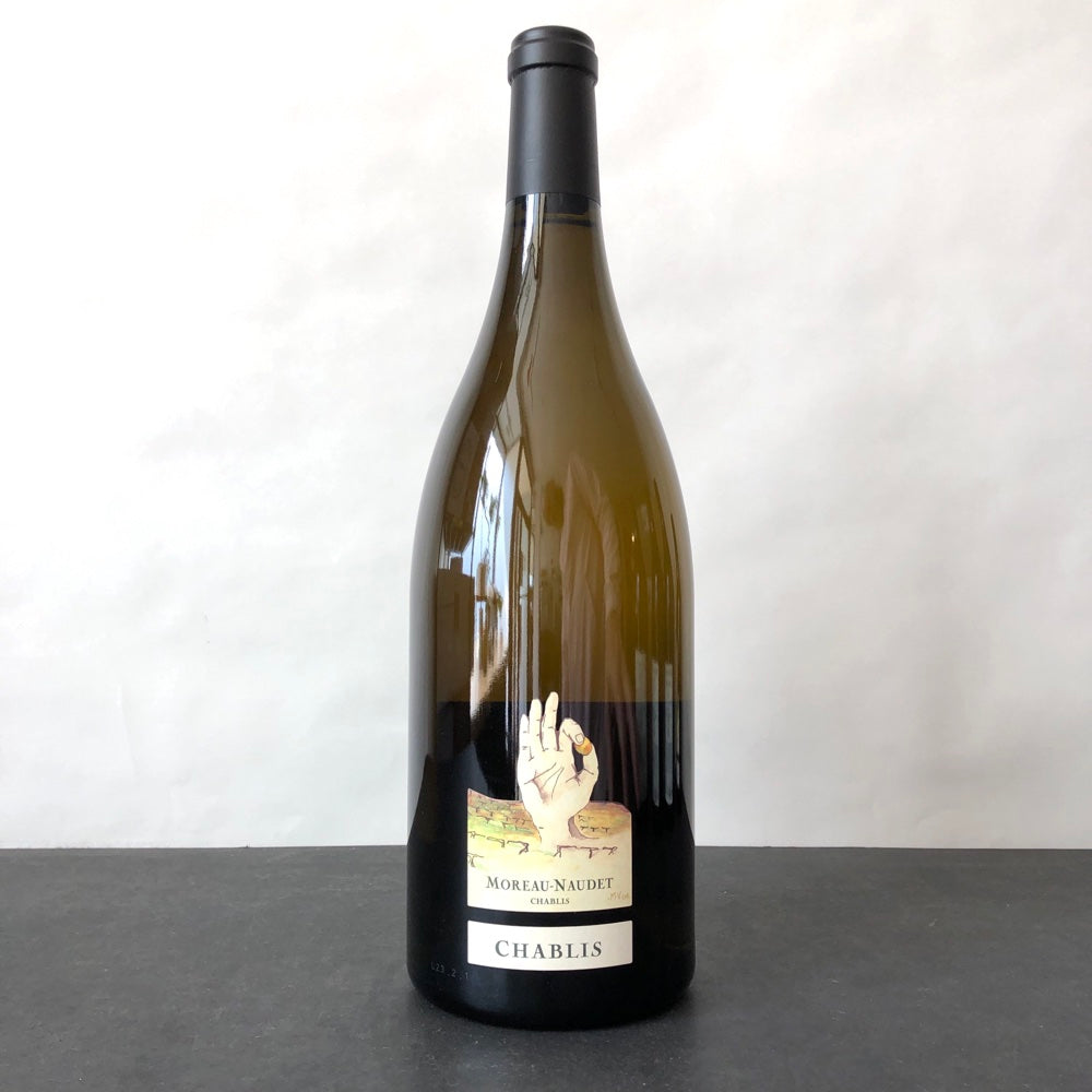 A bottle of 2023 Domaine Moreau-Naudet Chablis Burgundy wine with a label visible at the top.