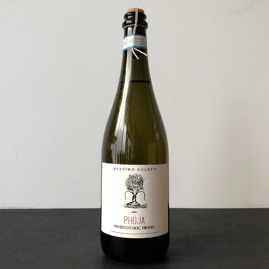 A bottle of 2023 Massimo Coletti Phoja Prosecco di Treviso Frizzante, Veneto, Italy with a minimalist label.
