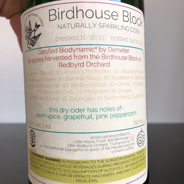 NV Redbyrd Birdhouse Block Naturally Sparkling Cider, Finger Lakes, USA