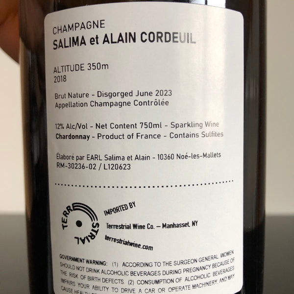 2018 Salima et Alain Cordeuil 'Altitude 350m' Brut Nature Champagne, France