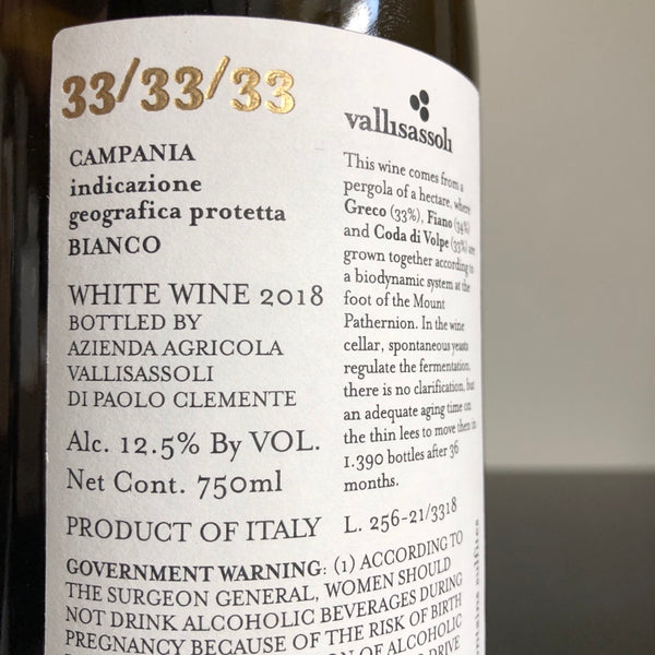2018 Vallisassoli '33/33/33' Campania IGP Bianco