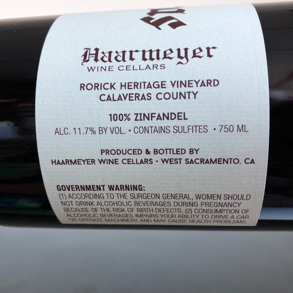 2019 Haarmeyer Wine Cellars, Zinfandel Rorick Heritage Vineyard, California