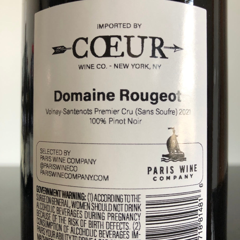 2021 Domaine Rougeot Volnay Santenots, Volnay Premier Cru Sans Soufre , France