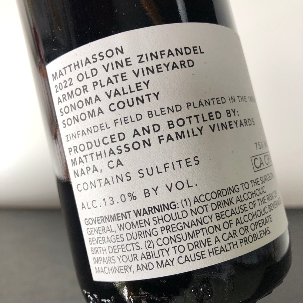 2022 Matthiasson Armor Plate Vineyard Zinfandel, Sonoma Valley, USA