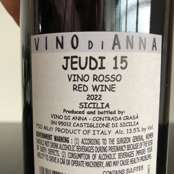 2022 Vino di Anna '‘Jeudi 15’ Rosso, Sicily, Italy