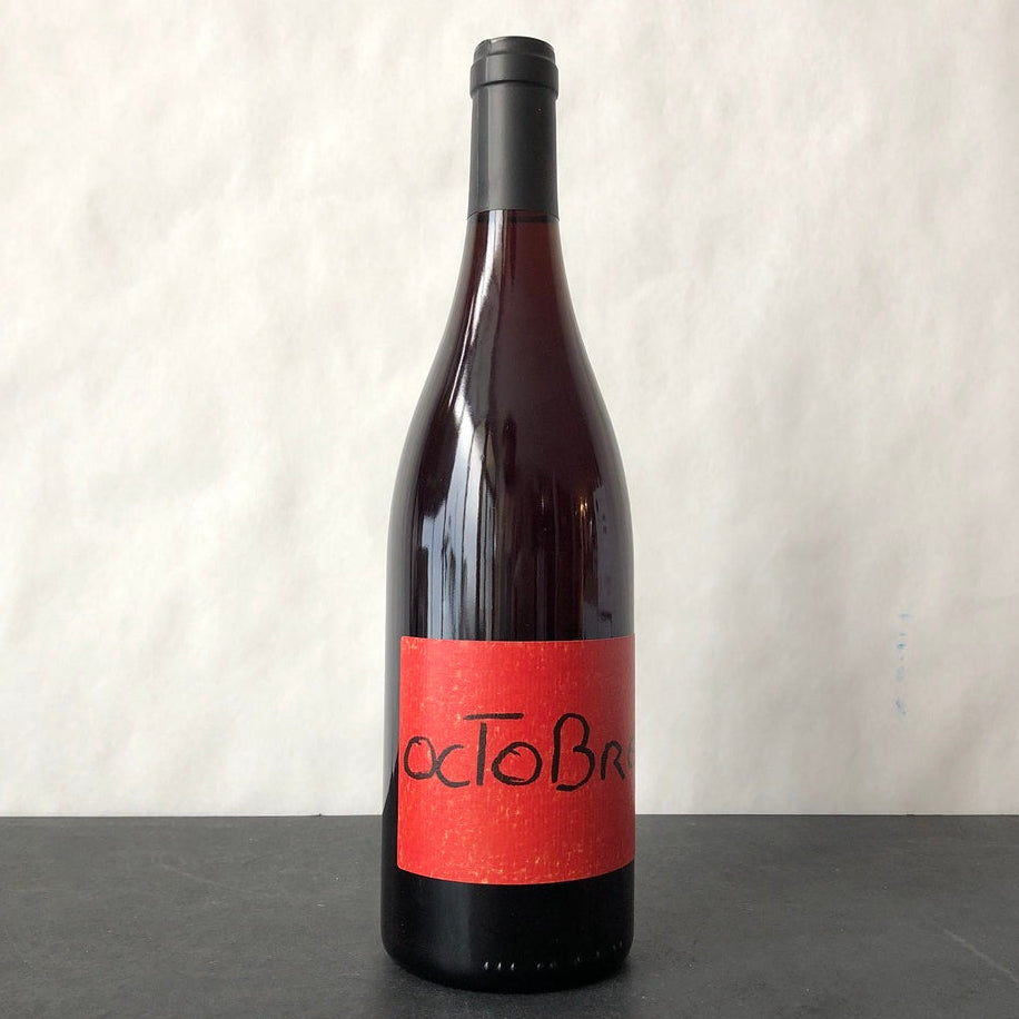Wine bottle with a red label on a gray surface and white background