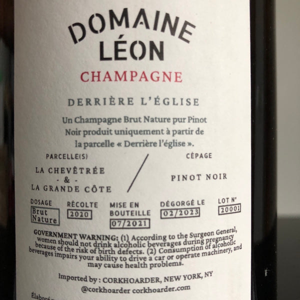 Domaine Leon 'Derriere l'Eglise' Blanc de Noirs, Champagne, France (2020)