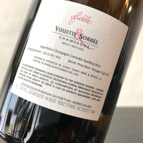 NV Vouette Et Sorbee, Fidele Brut Nature (R21), Champagne, France