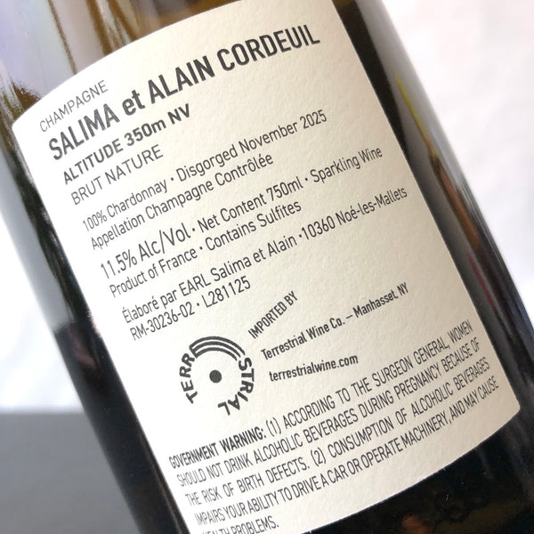 Salima et Alain Cordeuil 'Altitude 350' Brut Nature Champagne, France (2021)