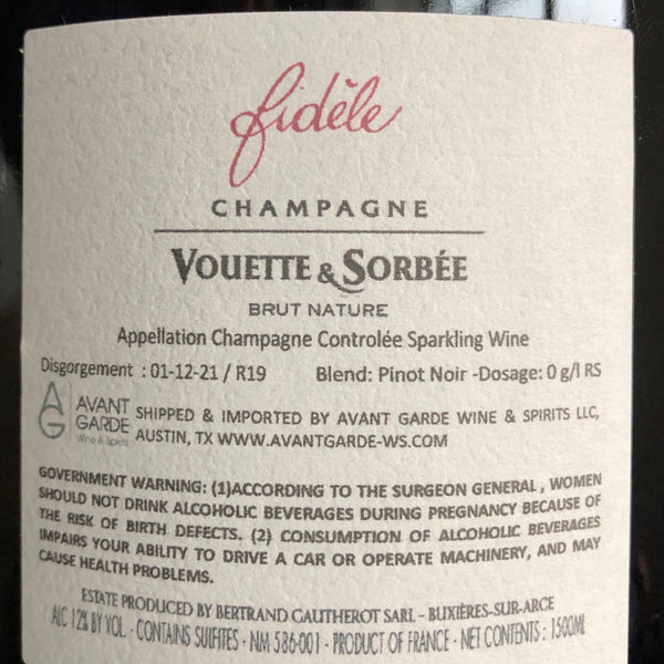 Vouette Et Sorbee, Fidele Brut Nature 1.5L Magnum (R19), Champagne, France