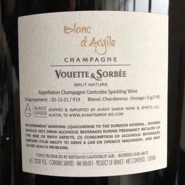 Vouette et Sorbee Cuvee Blanc d'Argile Blanc de Blancs Extra Brut (R19) 1.5L Magnum, Champagne, France