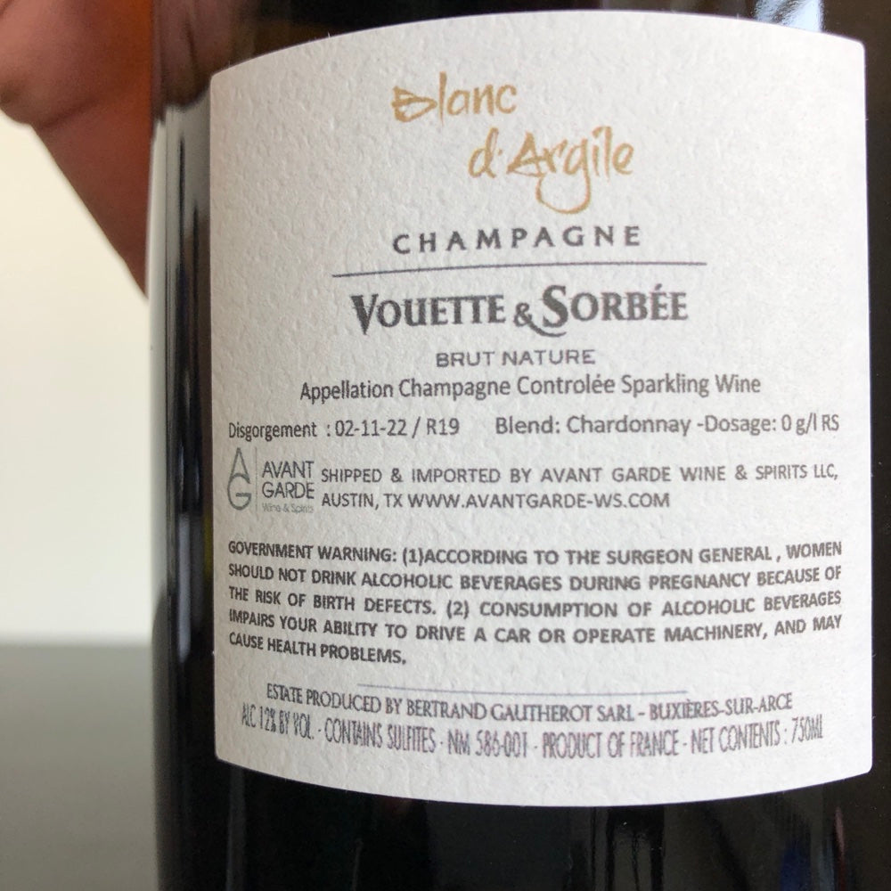 Vouette et Sorbee Cuvee Blanc d'Argile Blanc de Blancs Extra Brut (R20), Champagne, France